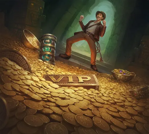 Esploratore esultante davanti a una montagna di monete d’oro con il simbolo VIP all’interno di un antico tempio, che rappresenta premi esclusivi, status privilegiato e vantaggi speciali ottenibili grazie al bonus sankra